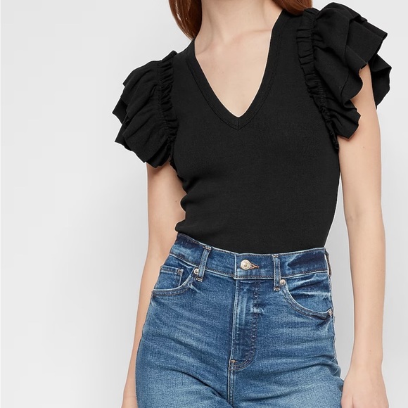 EXPRESS Ribbed V-Neck Ruffle Sleeve Bodysuit Black NWT - Picture 2 of 4